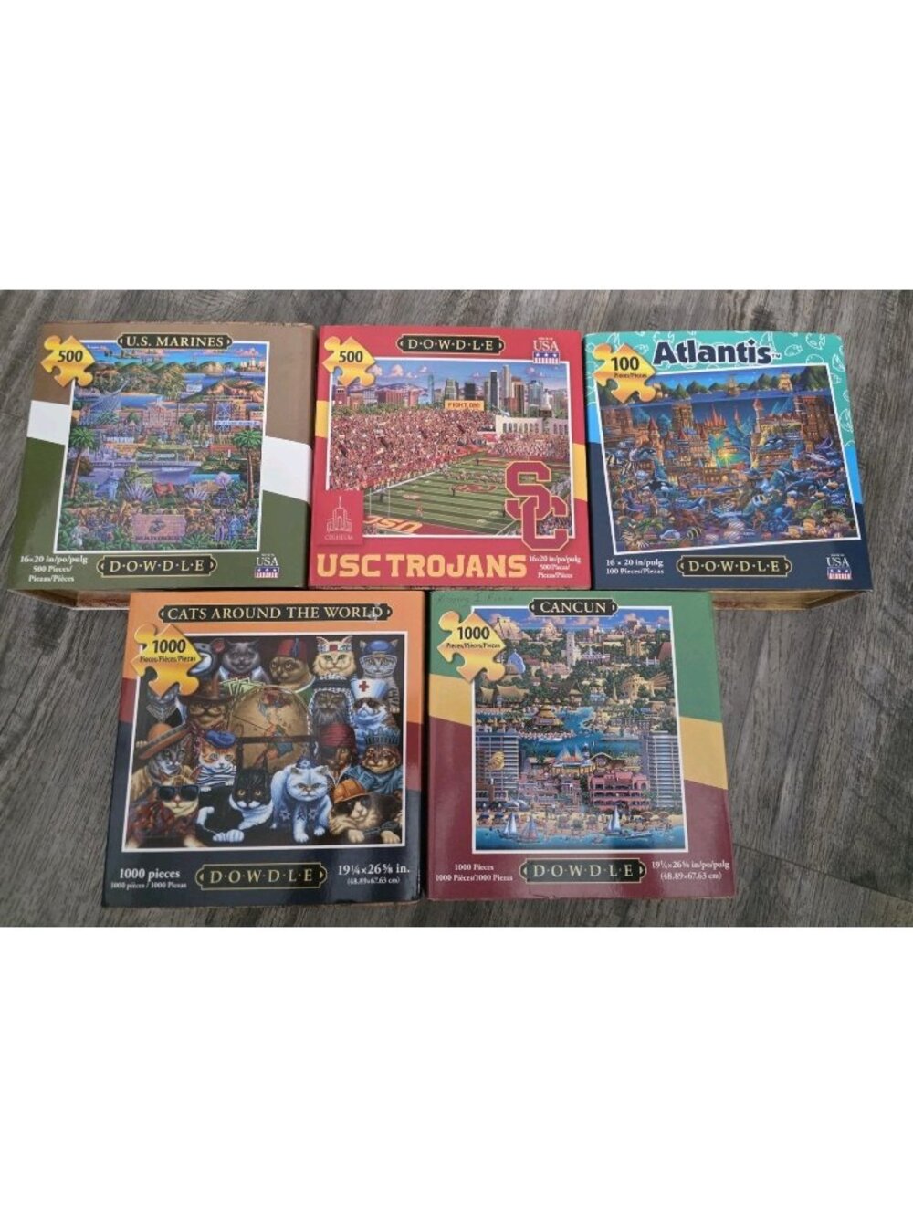 Lot 5 New Dowdle Puzzles Varied Sizes Cancun Atlantis Cats USC Trojans Marines